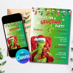 Grinch Christmas Party Invitation: Editable Canva Template (Digital Download)