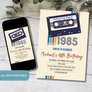 Editable Template | Vintage 1985 | Birth Year Party Invite | 40Th Birthday Party Decorations White And Gold | Back In 1985 | 1980