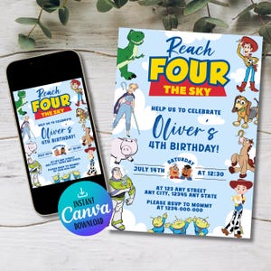 Reach for the Sky Birthday Invitation | Editable Toy Story Digital Invite | Fourth Birthday Kids Party Template | Toy Story Birthday Party