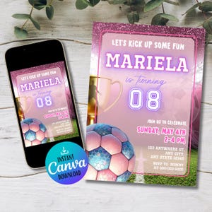 Convite de futebol para meninas | Convite de aniversário editável | Modelo de festa de futebol | Cartão de futebol para meninas personalizado | Download instantâneo | Tema esportivo divertido