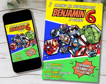 Druckbare Einladung zur Geburtstagsparty | Superhelden Geburtstag | Sofort Download | Digitale Einladung | Avengers Party Bearbeitbare Vorlage