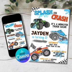 Monster Truck Pool Party Invitation: Kids Birthday, Summer Splash (Digital Template)