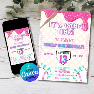 Baseball Drip Birthday Invitation | Editable Digital Template | Instant Download | Softball Party Invite | Fun Design