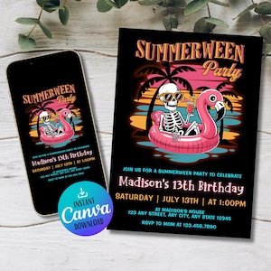 Invitación de cumpleaños de verano / Invitación editable para fiesta fantasma en la piscina / Descarga digital / Celebración de verano espeluznante
