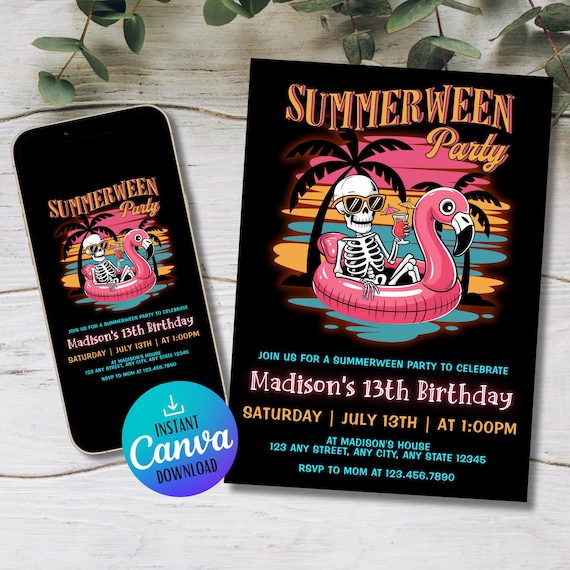 Summerween Birthday Invitation | Editable Ghost Pool Party Invite | Digital Download | Spooky Summer Celebration