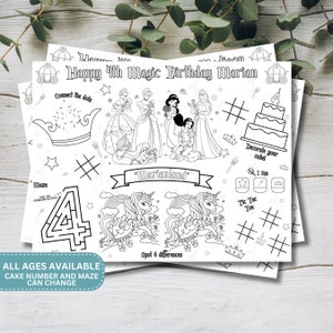 Party Favor | Digital File | Princess Coloring Book Pages | Instant Digital Download | Editable Printable File Download | Party Placemat