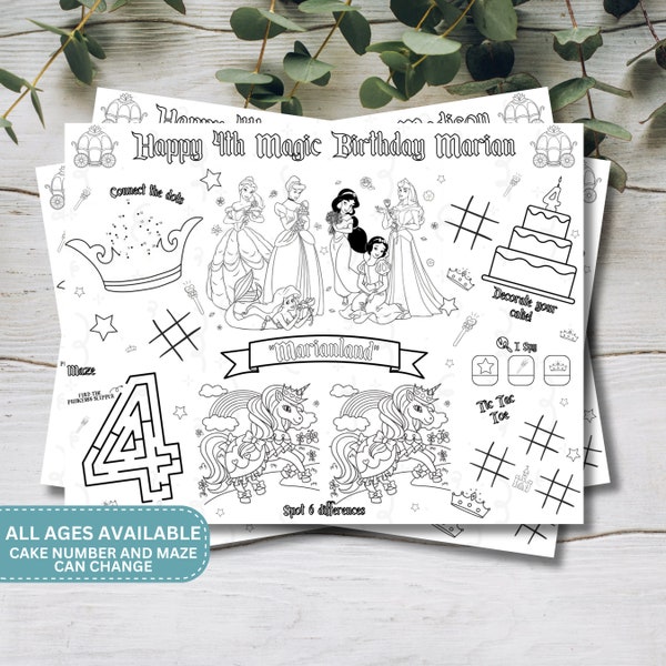 Party Favor | Digital File | Princess Coloring Book Pages | Instant Digital Download | Editable Printable File Download | Party Placemat
