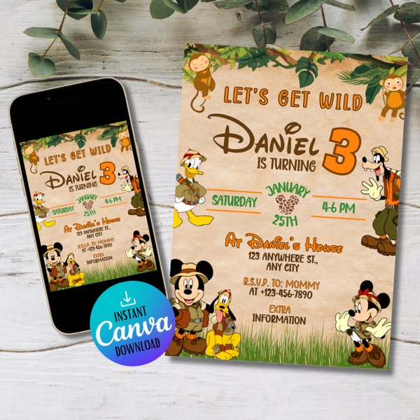 Mickey Mouse Safari Birthday Party Invitation | Mickey Safari Theme | Safari Themed Birthday | Kids Invitation | Invite Instant Download