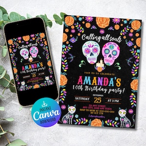 Peut inclure: Une invitation noire avec des motifs floraux et des têtes de mort colorées. Le texte indique "Calling all souls" et "Amanda's 10th Birthday party!" avec la date et l'heure. Un smartphone affiche le même design, avec un bouton "Canva".