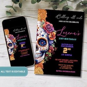 Dia de los Muertos | Fête du Jour des Morts | Modèle d'invitation de mariage Dia de Muertos | Invitation tête de mort en sucre | Faire-part Coco