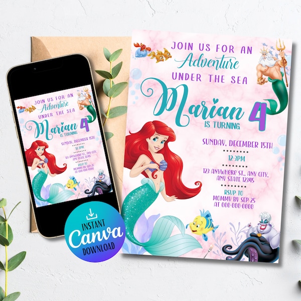 Invitation Petite Sirène | Princesse Ariel | Princesse Disney | Fichier numérique | Invitation d'anniversaire | Fête de la Petite Sirène | Invitation Ariel