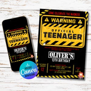 Warning Teenager Birthday Invitation: Editable 13th Birthday Party Template (Digital Download