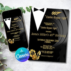 Spion Geheimagent Geburtstagseinladung | Benutzerdefinierte druckbare | Spion Theme | Bearbeitbares Design | "Casino Royale Digitale Einladung | 40er 50er 70er