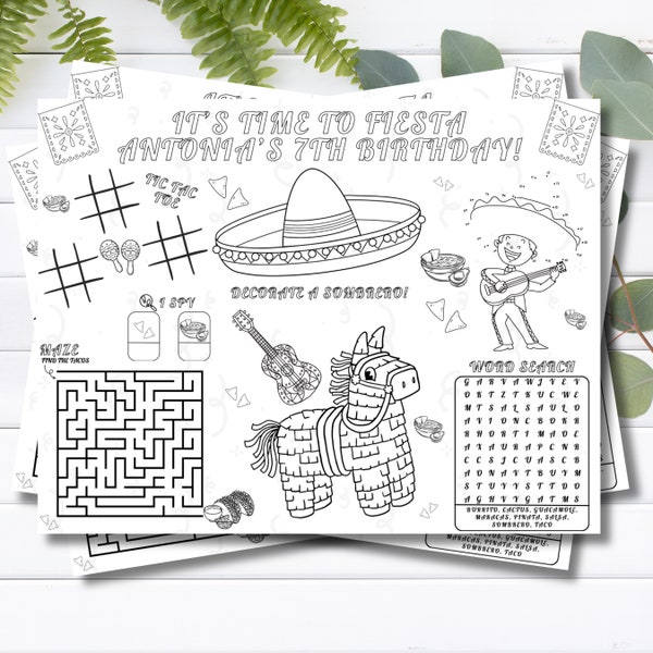 Coloriage Fiesta | Feuille d'activité sur le napperon | Taco Bout Fun pour fête d'anniversaire d'enfants | Numérique 11 x 8,5 Imprimable | Téléchargement instantané | Fête