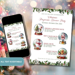 Op de afbeelding: Een printbare uitnodiging voor een progressief kerstdiner met een feestelijk ontwerp met sneeuwbollen met verschillende kerstscènes. De uitnodiging bevat de datum, tijd en locatie voor elke gang van de maaltijd, inclusief cocktails en hapjes, soep en salade, diner en dessert. De tekst op de uitnodiging luidt "Doe mee met ons buurtkerst-progressief diner, zaterdag 10 december 2024".