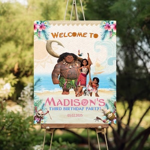 Letrero de bienvenida de Moana / Póster de cumpleaños tropical editable / Decoración para fiestas infantiles / Descarga instantánea / Letrero con temática de Moana
