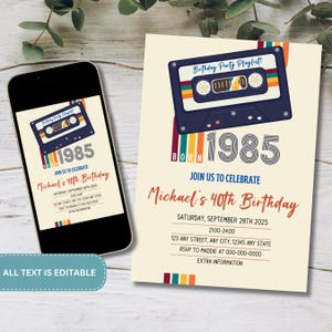 Editable 1985 Birthday Invitation | 80's Theme Party | 40Th Birthday Party Decorations White And Gold | Back In 1985 | 1980 | Retro Party