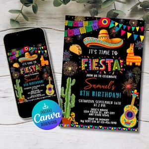 Invito di compleanno Fiesta modificabile: modello Canva a tema messicano (download digitale)