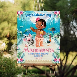 Letrero de bienvenida de Moana / Póster de cumpleaños tropical editable / Decoración para fiestas infantiles / Descarga instantánea / Letrero con temática de Moana