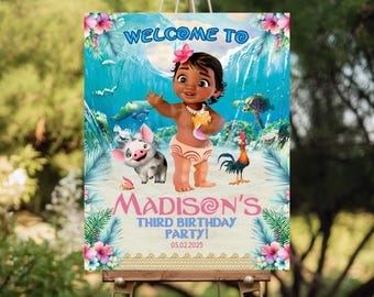 Letrero de bienvenida de Moana / Póster de cumpleaños tropical editable / Decoración para fiestas infantiles / Descarga instantánea / Letrero con temática de Moana