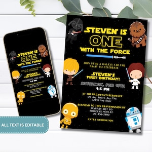Star Wars-Geburtstags-Einladung | Eins mit der Macht | Druckbare Party einladen | Jedi-Geburtstags-Party | Veränderbare Star Wars Geburtstagseinladung