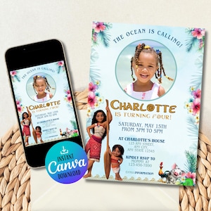 Convite de aniversário Moana Digital | Modelo de convite havaiano editável | Convite para festa infantil | Download instantâneo