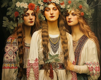 ROZHANITSY | Slavic Art Print | Digital Folk Art | Vintage Portrait of three spirits of Motherhood & Pegnancy | Slavic Mythology | Pagan Art
