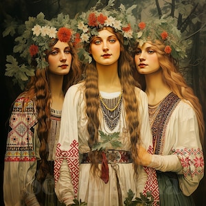 ROZHANITSY | Slavic Art Print | Digital Folk Art | Vintage Portrait of three spirits of Motherhood & Pegnancy | Slavic Mythology | Pagan Art