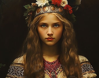 Slavic Art Print &quot;Girl from the Woods&quot; | Woodland Aesthetic | Vintage Portrait | Rural Girl Art | Bear Artwork | Digital Printable Wall Art