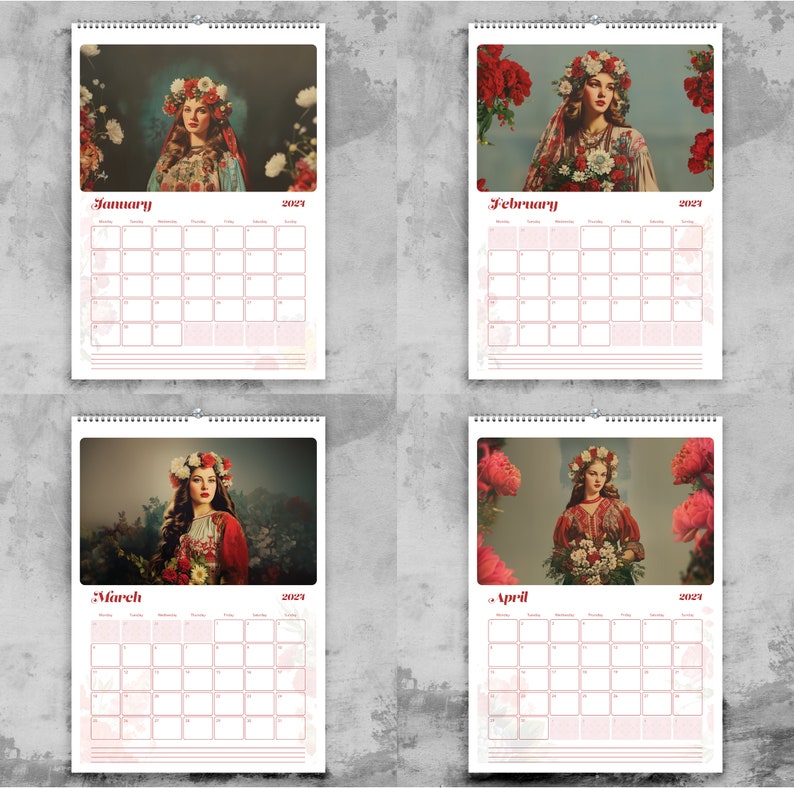 2024 Slavic Calendar Flower Maidens Vintage Prints Wall Calendar Slavic