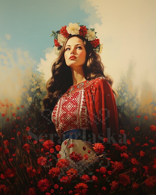 Slavic Art KRASAVA | Vintage Portrait of Slavic Girl | Folk Flowers | Divine Feminine | Slavic Folk Art | Flower Crown | Digital Girl Art