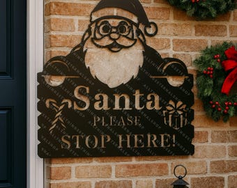 Santa Please Stop Here Metal Sign, Christmas Wall Art Decor, Holiday Front Door Sign, Santa Stop Yard Sign, Christmas Entryway Home Decor