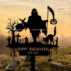 Custom Grim Reaper Halloween Metal Sign – Spooky Outdoor Garden Decor, Personalized Yard Art, Creepy Yard Sign – Haunted House or Lawn Decor