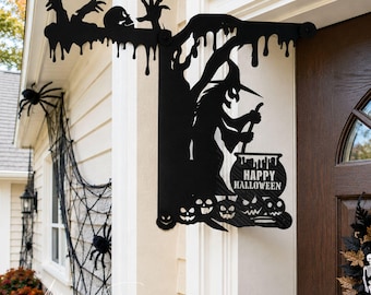 Witch Cauldron Halloween Door Corner Sign, Spooky Metal Porch Decor, Outdoor Entryway Decor, Witch House Decor