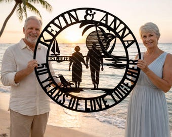 Personalized 50th Anniversary Metal Sign: Beach Couple Wall Art