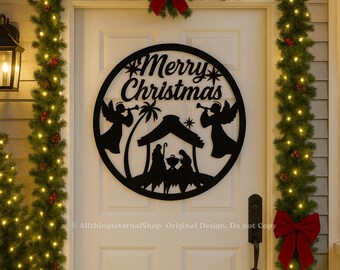 Rustic Nativity Metal Sign: Merry Christmas Farmhouse Wall Art