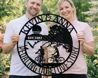 Custom Cyclist Couple Metal Sign - Mountain Bike Anniversary Gift - Personalized Biker Wedding Decor - Bicycle Couple Gift for Cyclists