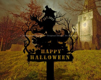 Letrero metálico personalizado de Halloween con diseño de lobo rugiente para jardín: decoración gótica para jardín.