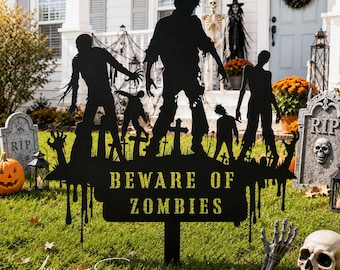 Personalized Halloween Yard Sign, Beware of Zombies Metal Sign, Custom Zombie Yard Decor, Outdoor Halloween Decor, Halloween Garden Stake