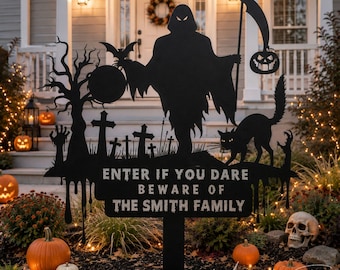 Custom Grim Reaper Halloween Metal Sign – Spooky Outdoor Garden Decor, Personalized Yard Art, Creepy Yard Sign – Haunted House or Lawn Decor