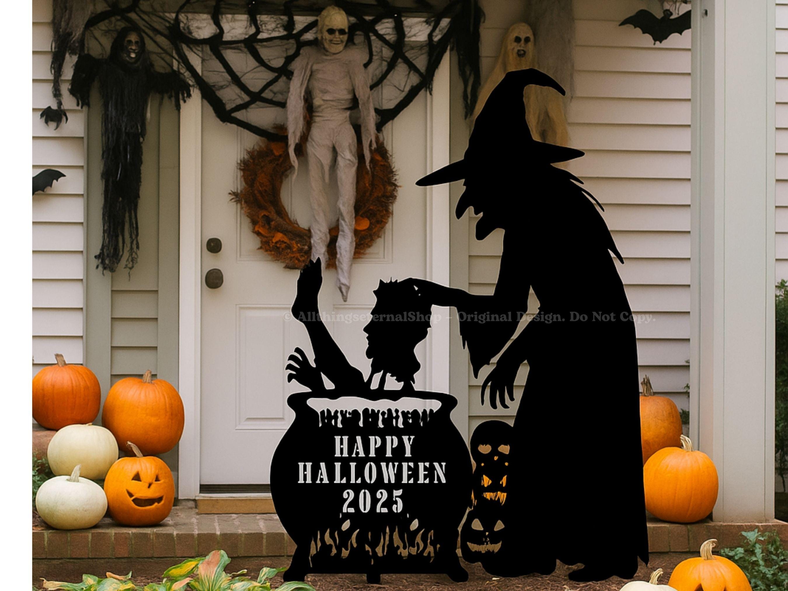 Personalized Halloween Witch Cauldron Yard Sign - Custom Name Metal ...