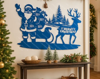 Santa & Reindeer Metal Wall Hanging Sign – Christmas Door Decor, Holiday Wall Art, Rustic Farmhouse Christmas Sign, Winter Home Decoration