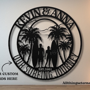 Personalized Surfer Couple Metal Wall Art: Coastal Beach House Decor