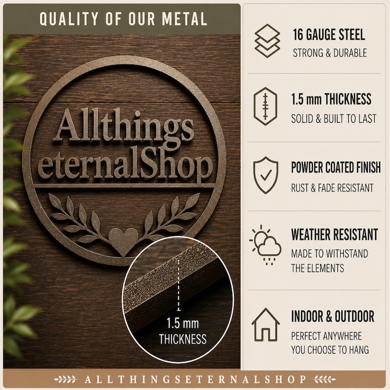 Puede incluir: Letrero met&aacute;lico marr&oacute;n con el texto "Allthings eternalShop" en un dise&ntilde;o circular. Fabricado en acero de calibre 16 y con un grosor de 1,5 mm. Acabado con recubrimiento en polvo, resistente a la intemperie, para interior y exterior.