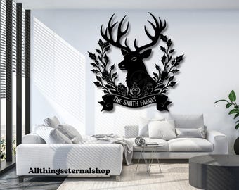 Decoración de pared navideña personalizada de metal: Letrero con el nombre de la familia de renos