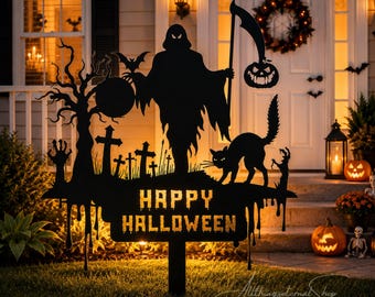 Personalisierte Halloween-Gartenstecker mit Sensenmann-Motiv, individuelles Metallschild für den Garten, Halloween-Dekoration für den Außenbereich