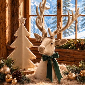 Könnte beinhalten: Eine Rentierbüste aus beigem Filz mit einer dunkelgrünen Samtschleife um den Hals, platziert neben einem glatten, cremefarbenen Weihnachtsbaum aus Keramik. Das Rentier hat ein großes, strukturiertes Geweih und eine weiche, matte Oberfläche.