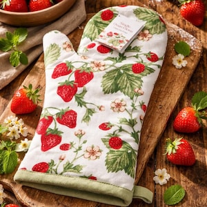 Könnte beinhalten: Ein weißer Ofenhandschuh mit Erdbeer- und Blumenmuster. Der Handschuh hat eine grüne Einfassung und eine Schlaufe zum Aufhängen. Frische Erdbeeren und Minzblätter liegen auf einer Holzoberfläche. Ein kleines Etikett trägt die Aufschrift "Single Oven Glove".