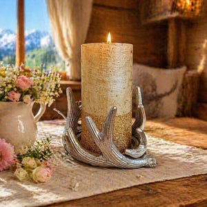 Kerzenhalter Geweih Hirsch Silber Stumpenkerze Kerzenteller Kerzenständer Kerzenleuchter Geweihdesign Geweihleuchter Tisch Tischdeko