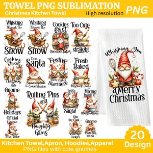 Puede incluir: Toalla de cocina blanca con un diseño de gnomo sosteniendo un batidor y el texto "Whisking You a Merry Christmas." La imagen también incluye varios diseños y textos con temática de gnomos, ideal para la decoración navideña.
